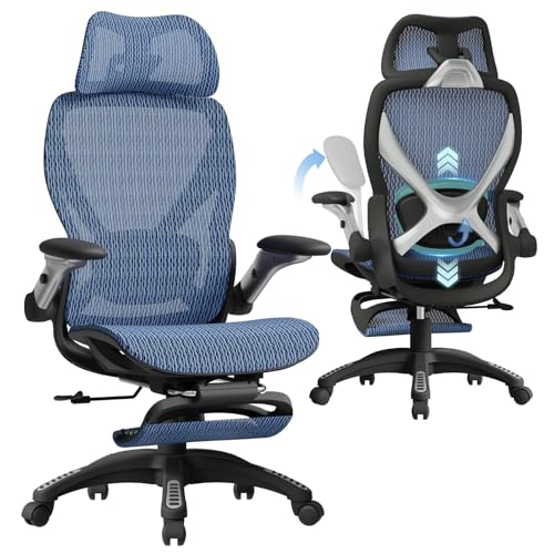 X100 Ergonomic Mesh Office Chair with Footrest, Big and Tall Home Desk Chair with 5D Flip-Up Arms, Adjustable 3D Lumbar Support, Gaming & Executive Computer Chair (Oaxaca Blue) - color: Oaxaca Blue