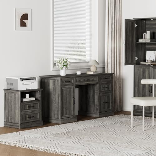 Tradare 58" Farmhouse Executive Desk, Wood Home Office Desk with Drawers & File Cabinet, Embossed Texture Storage Organizer Computer Desk for Working, Studying, Writing, Gray