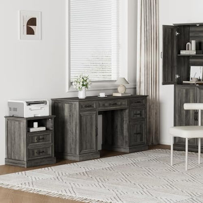 Tradare 58" Farmhouse Executive Desk, Wood Home Office Desk with Drawers & File Cabinet, Embossed Texture Storage Organizer Computer Desk for Working, Studying, Writing, Gray