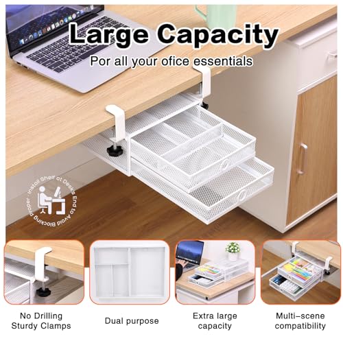Under Desk Drawer, Clamp on Desk Organizer Slide Out Table Storage No Drill - color: White - 2 Tier