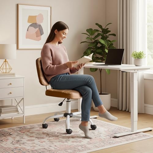 VINGLI Compact Small Desk Chair, Cute Armless Chair with Wheels, Vanity Chair with Low Back, Height Adjustable Task Chair for Small Spaces, Office, Bedroom, Make Up Room, PU Leather, Brown - color: Warm Brown