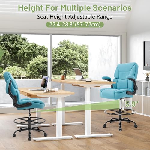 500LBS Drafting Chair, High Back Safer Standing Desk Chair, Executive Tall Office Chair with Flip-up Armrests, Upholstered Fabric Task Chair, Ergonomic Seat with Adjustable Height&Foot Ring, Blue - color: Blue
