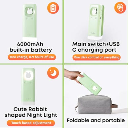 VAVOFO Cute Bunny Desk Lamp, Foldable LED Rechargeable Eye-Caring Reading Light, 3 Color Modes Dimmable Night Light for Kids Girls Bedroom Study Dorm Room (Mint Green) - color: Green