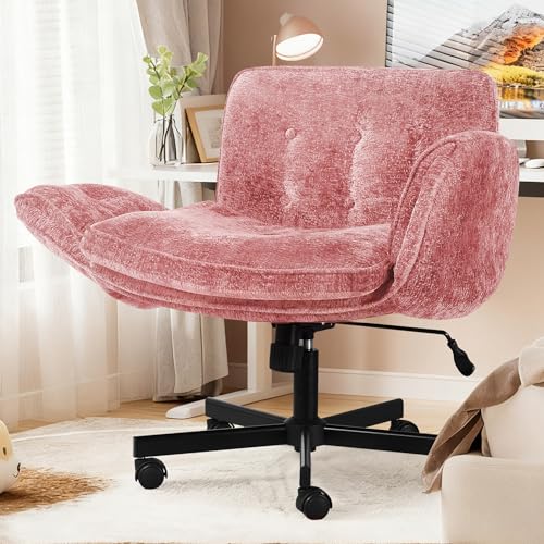 Criss Cross Chair with Wheels & Arms, Chenille Cross Legged Office Chair with 5-level Folding Armrest, Comfortable Adjustable Swivel Vanity Chair for Home, Make Up, Bed Room, Office, Accent (Pink) - color: Pink, style: Modern