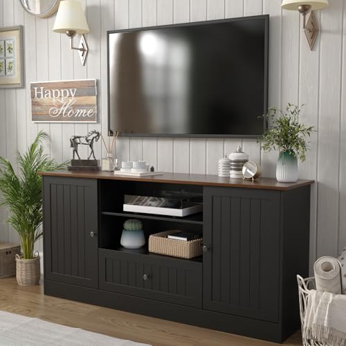 Furnify 63 in Farmhouse TV Stand with Door for TVs up to 70", Black | Modern Entertainment Center with Storage Drawer and Open Shelves, Shaker Door TV Console Media Cabinet for Living Room - color: Black