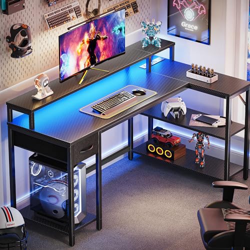 SUPERJARE 53 inch Reversible L Shaped Desk with LED Lights & Power Outlets, Computer Desk with Shelves & Monitor Stand, Gaming Desk with Drawer, Home Office Desk, Carbon Fiber Black - color: Carbon Fiber Black, size: 53 inch