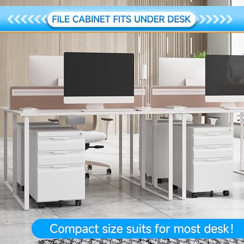 3 Drawer Mobile File Cabinet with Lock, Rolling File Cabinet with Wheels - color: White, size: 3 Drawer