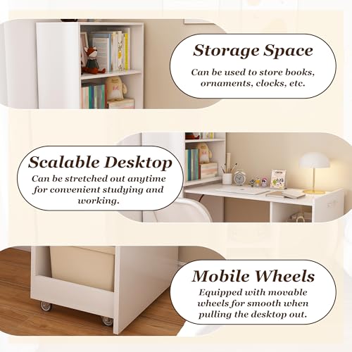 White Wooden Compact Folding Computer Desks for Small Spaces | Foldable Desk with Storage Shelves, Expandable Hidden Murphy Table with Wheels, Space Saving Writing Table for Bedroom - color: White