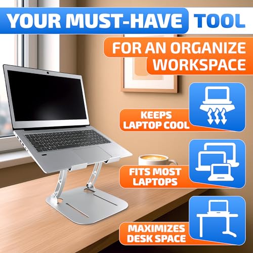 V TOWER Aluminium Laptop Stand for Desk with Adjustable Height and Angle | Adjustable Laptop Stands with Ventilation Slots, Anti-Slip Silicone Pads, Foldable Frame, for Devices from 10 up to 17.3 in
