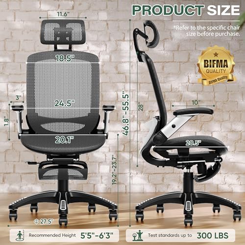 GABRYLLY Ergonomic Office Chair with Footrest, High Back Home Desk Chair - 3D Headrest, Flip-Up Arms, 135° Tilt and Wide Cushion, Heavy Duty Mesh Chairs for Task Computer Gaming, GYB01-FT - color: Obsidian Black