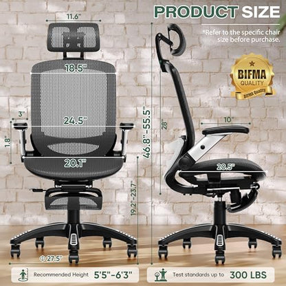 GABRYLLY Ergonomic Office Chair with Footrest, High Back Home Desk Chair - 3D Headrest, Flip-Up Arms, 135° Tilt and Wide Cushion, Heavy Duty Mesh Chairs for Task Computer Gaming, GYB01-FT - color: Obsidian Black