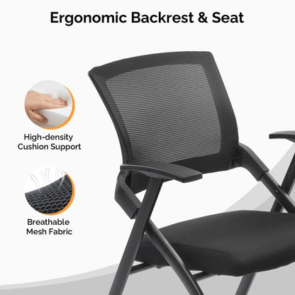 Stackable Office Chair with Wheels - Heavy Duty Folding Chair with Padded Seat & Flex Back, 350lb Capacity - Conference, Training Room, Guest, Reception - 1 Pack, Black