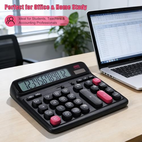 12-Digit Desktop Calculator, Dual Power (Solar & Battery), 7.7inch | Modern Color-Clash Aesthetic Design, Ergonomic Tilted Large LCD Display for Office, School and Accounting (Black) - color: Black