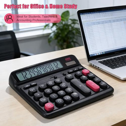 12-Digit Desktop Calculator, Dual Power (Solar & Battery), 7.7inch | Modern Color-Clash Aesthetic Design, Ergonomic Tilted Large LCD Display for Office, School and Accounting (Black) - color: Black