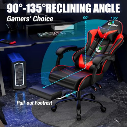 Czlolo Gaming Chair with Footrest Racing Style Lumbar Support Massager Video Game Chair with Metal Legs, High Back Reclining Gamer Chair with Headrest, 360° Swivel Office Computer Desk Chair (Red) - color: Red