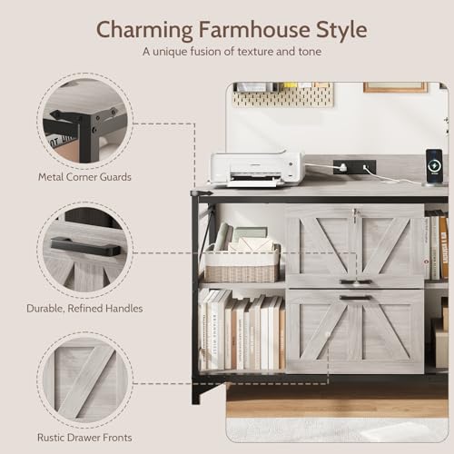 44" File Cabinet, Lateral Filing Cabinet for Home Office with 2 Drawers, Office Storage Cabinet with Lock and Key, Wooden Printer Stand with 4 Storage Shelves and Power Outlets, Office Furniture, Grey - color: Grey