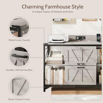 44" File Cabinet, Lateral Filing Cabinet for Home Office with 2 Drawers, Office Storage Cabinet with Lock and Key, Wooden Printer Stand with 4 Storage Shelves and Power Outlets, Office Furniture, Grey - color: Grey