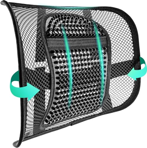 Samyoung Mesh Lumbar Support for Office Chair and Car Seat | 12 x 16 Inch Breathable Double-Layer Mesh Back Support with Elastic Chair Strap & Support Beads for Firm, Comfortable Support - color: Black