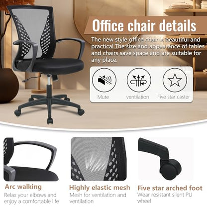 FDW | Mid Back Office Chair | Black | with Lumbar Support, 360 Swivel | Ventilated Design, Height Adjustment | 250 lbs Load Capacity, Rolling Casters | Easy Assembly | For Home, Office - color: Black