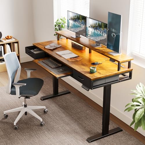 AODK 63 Inch Standing Desk with Drawers & Keyboard Tray, Rustic Brown - color: Rustic Brown, size: 63 Inch