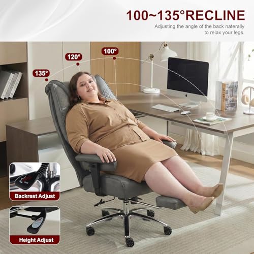 EXCEBET Big and Tall Office Chair 400lbs Wide Seat, Leather High Back Executive Office Chair with Foot Rest, Ergonomic Chairs Lumbar Support for Lower Back Pain Relief (Grey) - color: Charcoal Grey