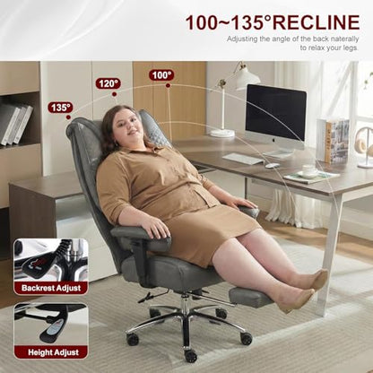 EXCEBET Big and Tall Office Chair 400lbs Wide Seat, Leather High Back Executive Office Chair with Foot Rest, Ergonomic Chairs Lumbar Support for Lower Back Pain Relief (Grey) - color: Charcoal Grey