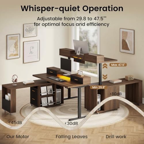 61'' L Shaped Electric Standing Desk, 360° Rotating, 4 Drawers | Height Adjustable Desk with LED Light, Monitor Riser & File Cabinet, Sit Stand Home Office Desk, Power Outlet, Black Walnut