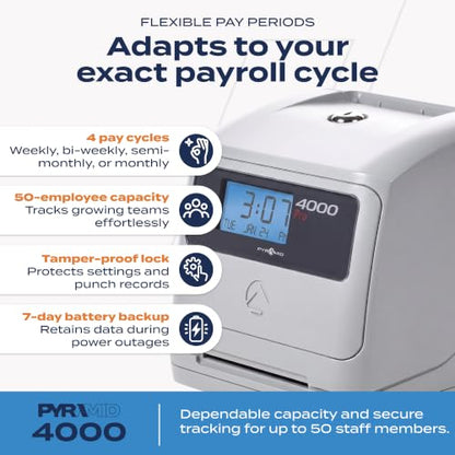 Pyramid Time Systems 4000 Pro Auto Totaling Time Clock, Silver
