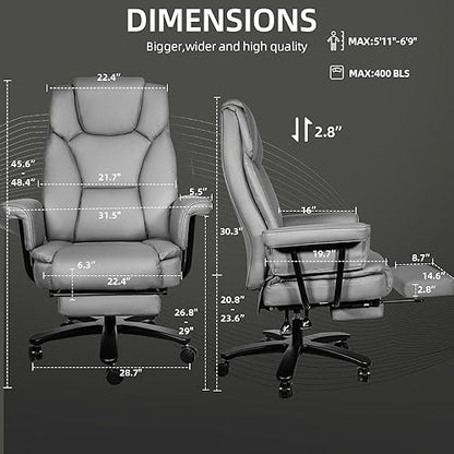 Reclining Office Chair with Footrest, Big and Tall Home Office Desk Chairs 400lbs with High Back, Criss Cross Wide Seat, Heavy Duty Base, Pu Leather, Grey - color: Grey