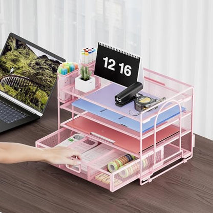 Marbrasse Desk Organizer, 4-Tier Paper File Letter Tray, Pink-2P | Sturdy Paper Tray, File Holder, Built-in Drawer, 2 Pen Slots, fits Letters/Files, for School Home Office Supplies - color: Pink with Pen Holder 2P