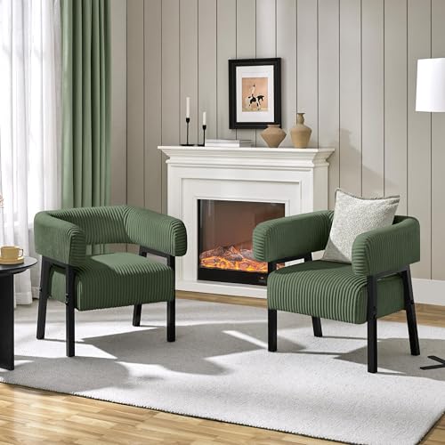 Yaheetech Accent Living Room Chair with Pocket Coiled Seat Set of 2 | Sofa Armchair | Barrel Chair | Corduroy | Comfy | Modern | Small Space | Bedroom | Reading | Dark Green - color: Dark Green