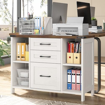 Vabches File Cabinet with 3 Drawers, Farmhouse Lateral File Cabinet Fits Files Letter/A4 Size, Wooden Filing Cabinet with Adjustable Shelves Printer Stand for Home Office, White - color: White and Brown