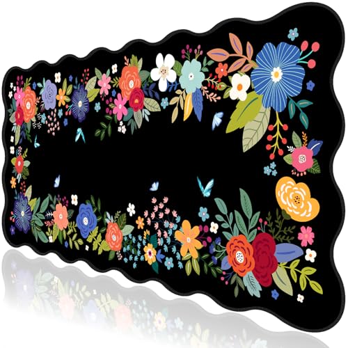 L-SPOUTTO Floral Mouse Pad, Black Scalloped Desk Mat XXL Gaming Mousepad | Botanical Large 35.4x15.7in Non-Slip Rubber Base Keyboard Pad Waterproof Desktop Mat for Laptop Computer Game Home Office - color: Black Floral