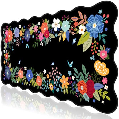 L-SPOUTTO Floral Mouse Pad, Black Scalloped Desk Mat XXL Gaming Mousepad | Botanical Large 35.4x15.7in Non-Slip Rubber Base Keyboard Pad Waterproof Desktop Mat for Laptop Computer Game Home Office - color: Black Floral
