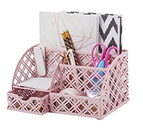 Exerz Mesh Metal Desk Organizer with 7 Compartments and Drawer Light Pink - color: F7 Light Pink
