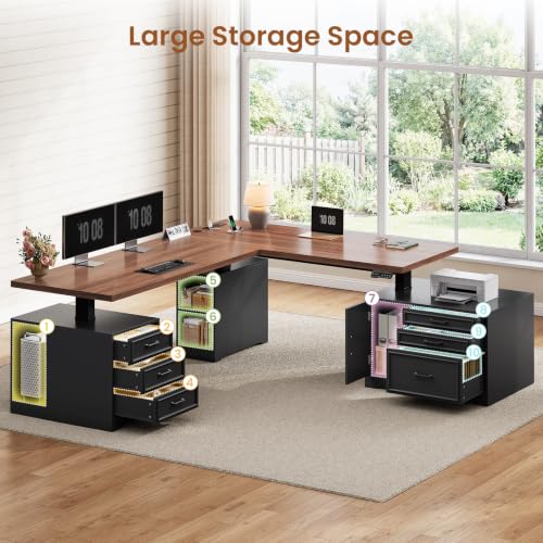 SEDETA Farmhouse L Shaped Electric Standing Desk with File Cabinet, 77 x 55'' Height Adjustable Home Office Computer Desk with 6 Drawers, Power Outlet, Sit Stand Desk, Black - color: Black Brown