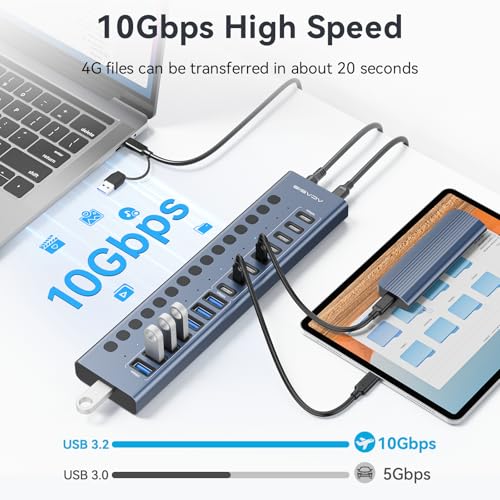 ACASIS 16 Ports Powered USB 3.2 Hub (8 USB-A 3.2 +8 USB-C 3.2), 10Gbps | Individual On/Off Switch for Each Port • Aluminum Housing • Better Heat Dissipation • Plug & Play • 96W Power Adapter - color: Gray