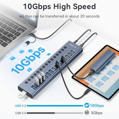 ACASIS 16 Ports Powered USB 3.2 Hub (8 USB-A 3.2 +8 USB-C 3.2), 10Gbps | Individual On/Off Switch for Each Port • Aluminum Housing • Better Heat Dissipation • Plug & Play • 96W Power Adapter - color: Gray