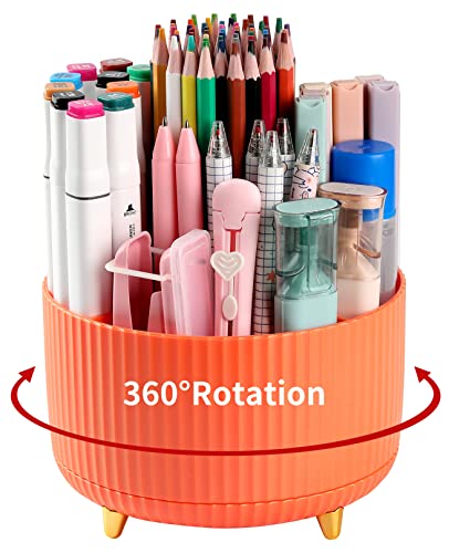 Desk Pencil Pen Holder, 5 Slots 360°Degree Rotating Pen Organizers for Desk, Desktop Storage Stationery Supplies Organizer, Cute Pencil Cup Pot for Office, School, Home, Art Supply, Orange - color: Orange