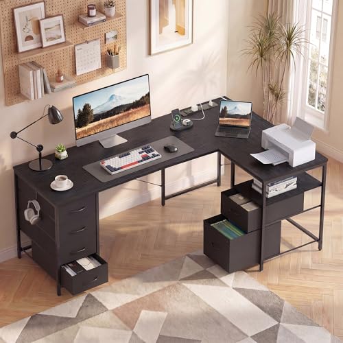 YOUDENOVA 55 Inch L Shaped Office Desk with 6 Drawers & Type-C Port, Black - color: Black, size: 55 Inch