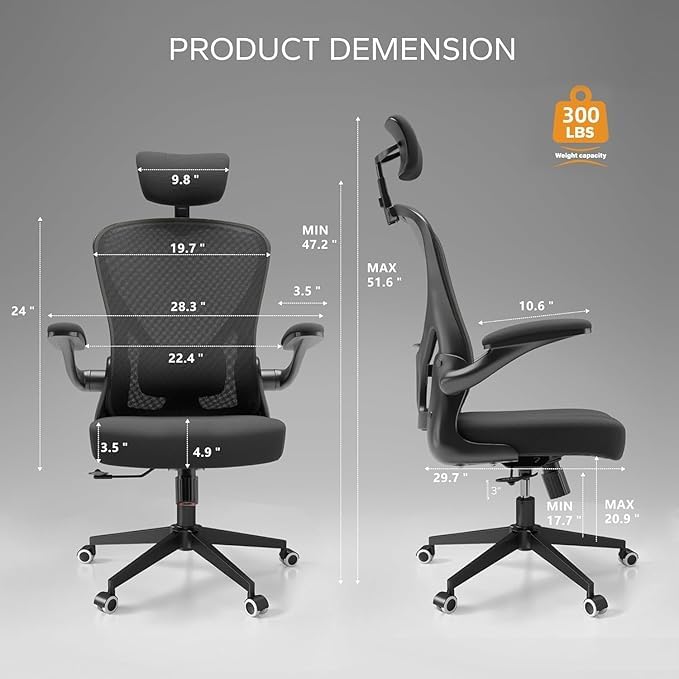 Ergonomic Office Desk Chair High Back Mesh Computer Chair | 360° Swivel Adjustable Lumbar Support & Flip-Up Armrests capacity 300 lbs capacity - color: 02blcak