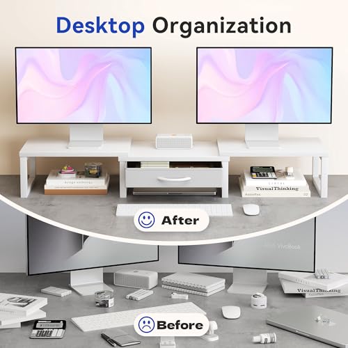 Dual Monitor Stand Riser, Desk Organizers and Accessories with Drawer, Computer Monitor Stands for Desk, Adjustable Desktop Shelf for PC Laptop Printer TV, White