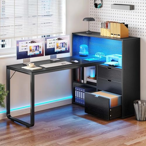 YITAHOME L Shaped LED Desk with Power Outlets & File Cabinet, Black - color: Black