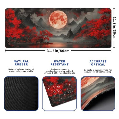 Darkness Red Moon Mouse Pad Abstract Red Mouse Pad 31.5x11.8 Inch Texture Non-Slip Rubber Base Large Mousepad Stitched Edges Keyboard Mouse Mat Desk Pad for Office and Home - color: Darkness Red Moon