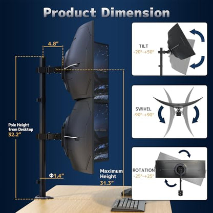 Dual Ultrawide Monitor Mount for 17-49'' Screens | Vertically Stacked, Heavy Duty, Height Adjustable, Tilt, Swivel, Rotate, Max Load 44 lbs per Arm, Vesa 75/100 mm, Black