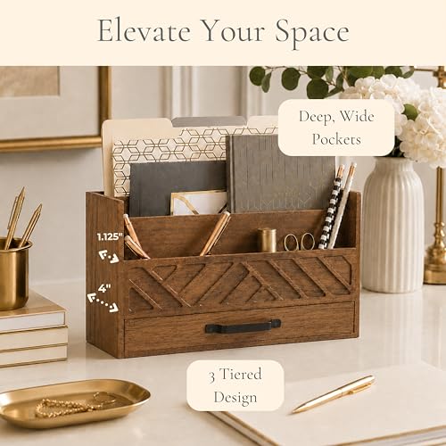 BLU MONACO | Wooden Mail Organizer with Drawer and Compartments | Mail Sorter Organizer Countertop for Desk Entryway | Outgoing Mail Holder Wood Desktop File Storage - color: Brown