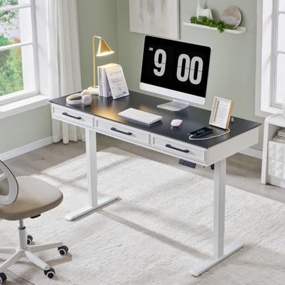 Electric Standing Desk with 3 Storage Drawers, 55x22 Inch Wood Adjustable Height Computer Desk w/One-Piece Desktop, Sit to Stand Up,Power Outlets, Gaming Table for Home Office and Study, White - color: White