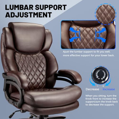 800lbs Big and Tall Office Chair, Executive Chair with Adjustable Headrest, High Back Extra Wide Seat, Heavy Duty PU Leather for Home Office, Comfortable Large Computer Desk Chair - color: Brown