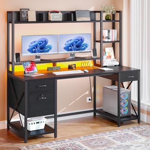 DWVO Computer Desk with Drawers & Hutch, 59.1" Office Desk with Power Outlets & LED Lights, Home Office Desk with Storage Shelves, Black - color: Black