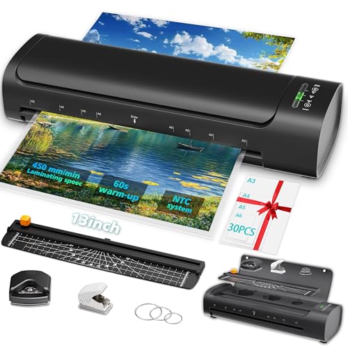 13 Inch Laminator Machine with 30 Laminating Sheets, A3 11-in-1 Hot & Cold Thermal Laminator for Teachers, 60S Fast Warm-Up, 450mm/min, Never-Jam Design Laminate Machine for Home, Office, School - color: Black